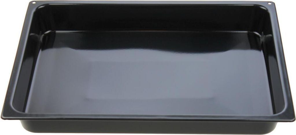 A black baking tray is shown from a slightly elevated angle against a white background.