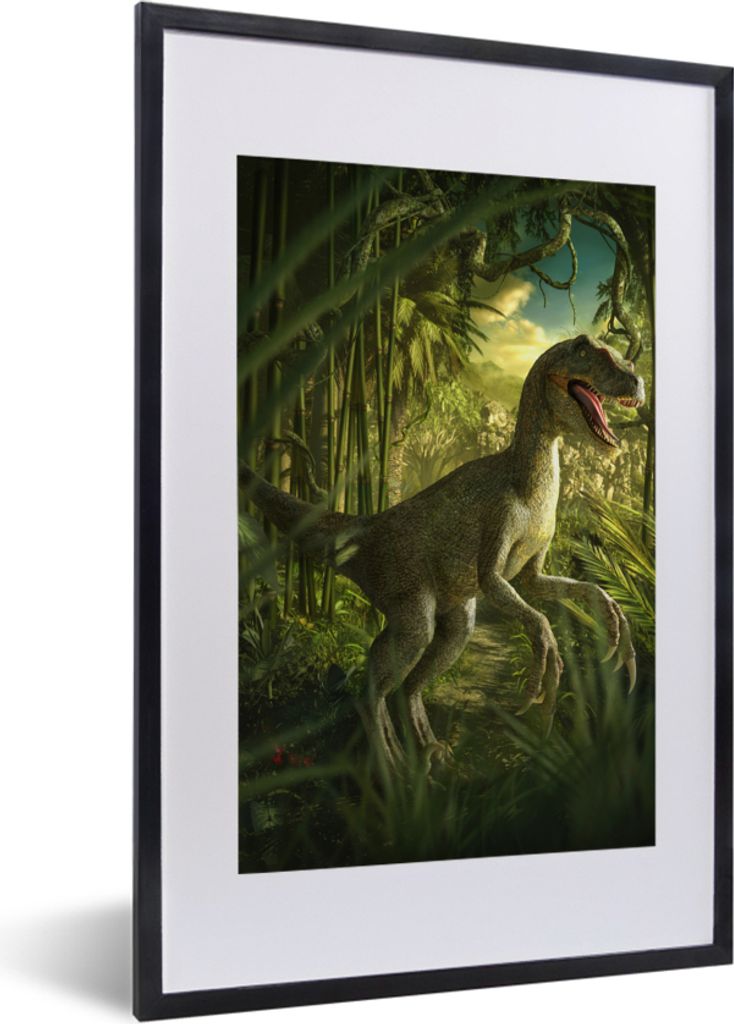 MuchoWow Gerahmtes Poster Dinosaurier - Pflanzen - Grün - Illustration - Kinder - Jungen 40x60 cm - Poster mit Schwarzem Bilderrahmen Wandposter...