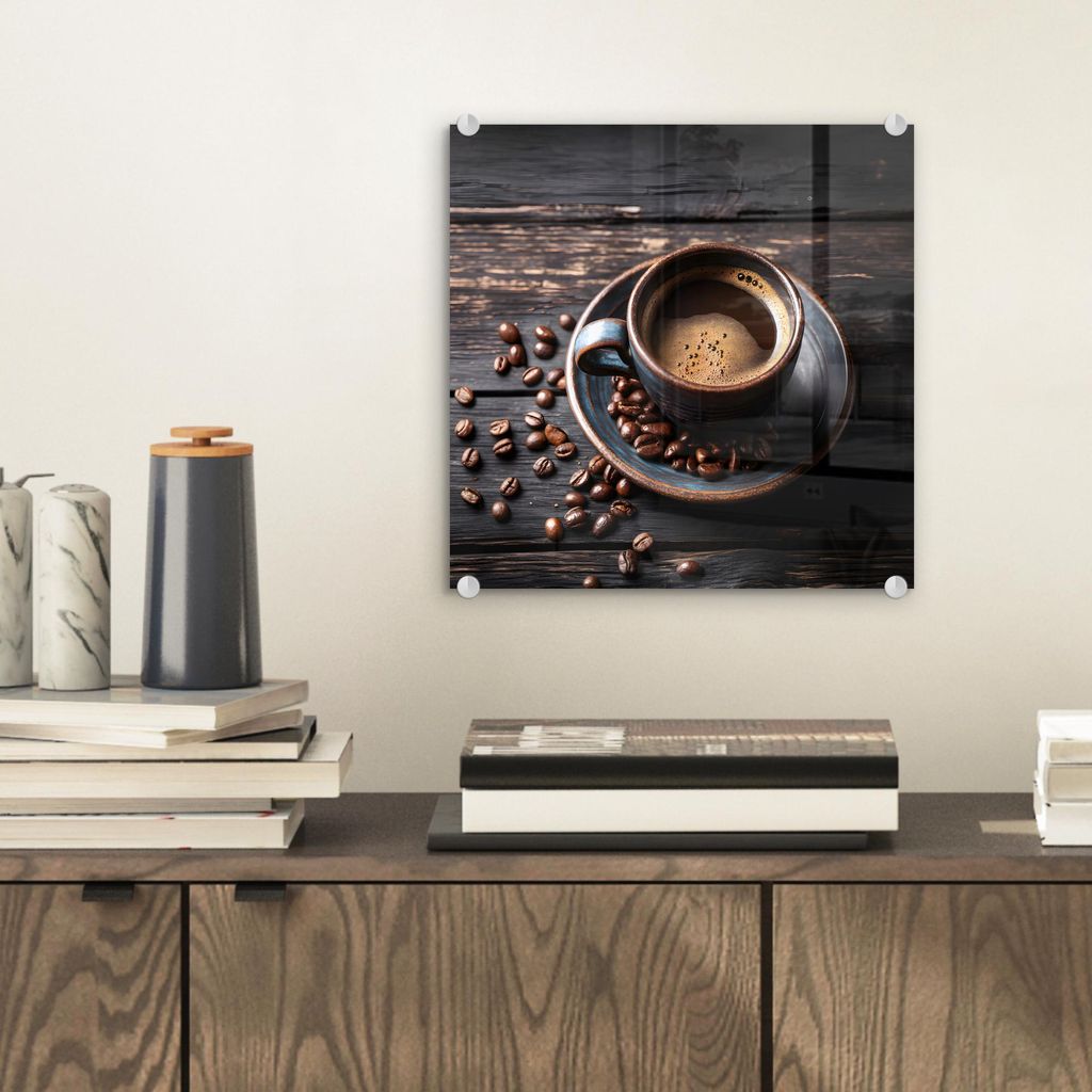 MuchoWow Glasbilder - Bilder auf Wandbild - Foto auf Glas Tasse - Kaffee - Holz - Bohnen 40x40 cm Wanddekoration aus Glas - Acrylglasbild - Acrylbi...