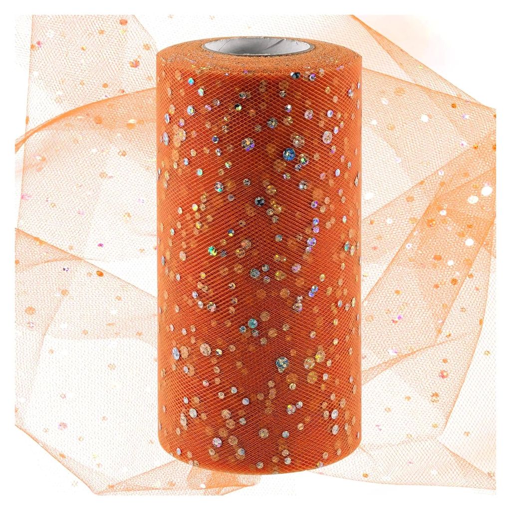 6 Zoll x 50 Yards Orange Glitter Tüll Stoffrolle, Sparkling Tüllband, Netz Polyester Spule für DIY Dekorationen