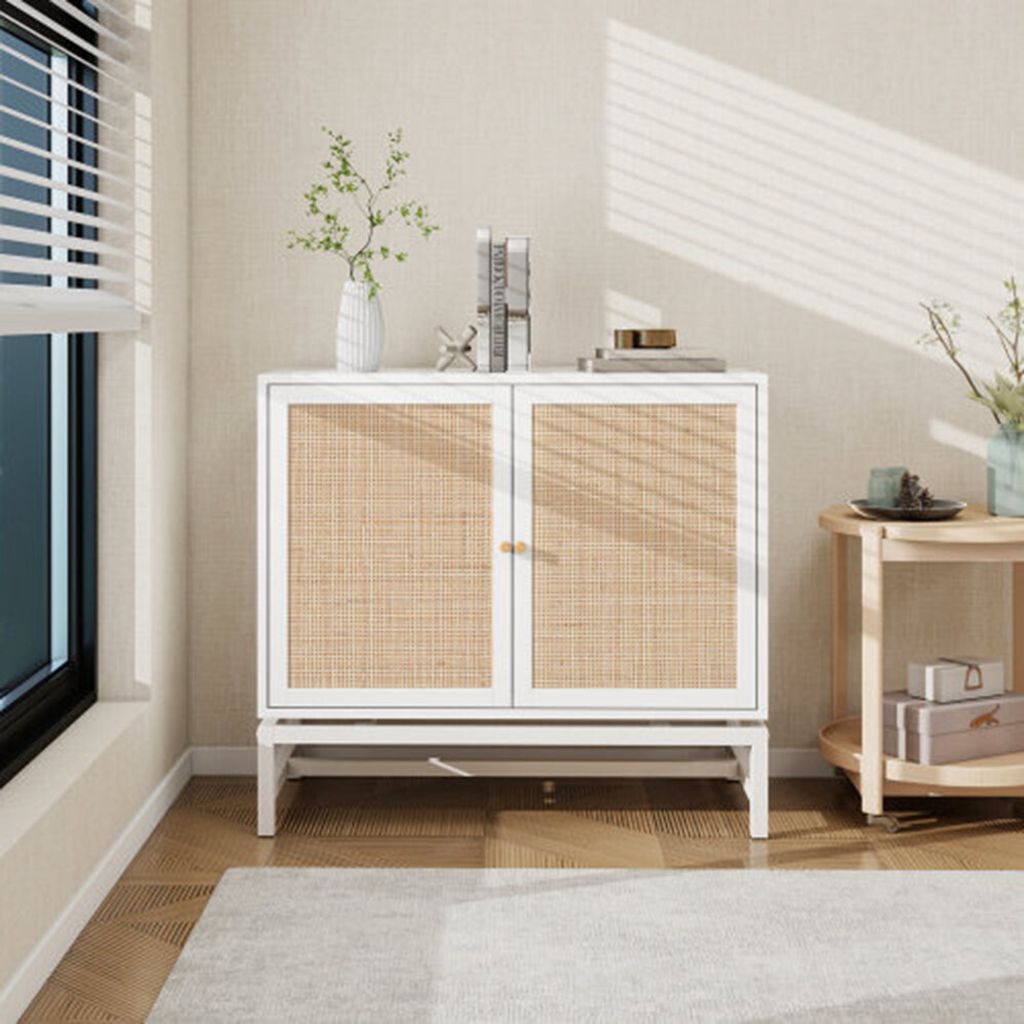 Sideboard,Schrank Hängendes Design, Schrank mit Rattanelementen, Doppeltür, Aufbewahrungsschrank, Metallsockel