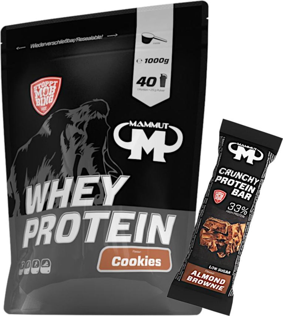 Mammut Nutrition - Whey Protein 1000 g Beutel - 40 Portionen Eiweiß + GRATIS Protein Bar (Almond Brownie), Geschmack: Cookies