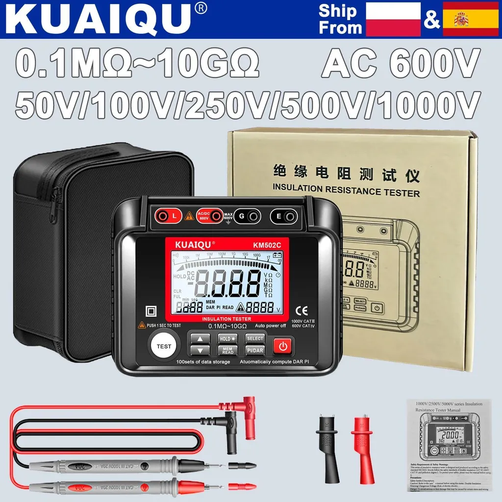 Testeur d'isolement KM502C avec large plage 10 GΩ et écran LCD clair