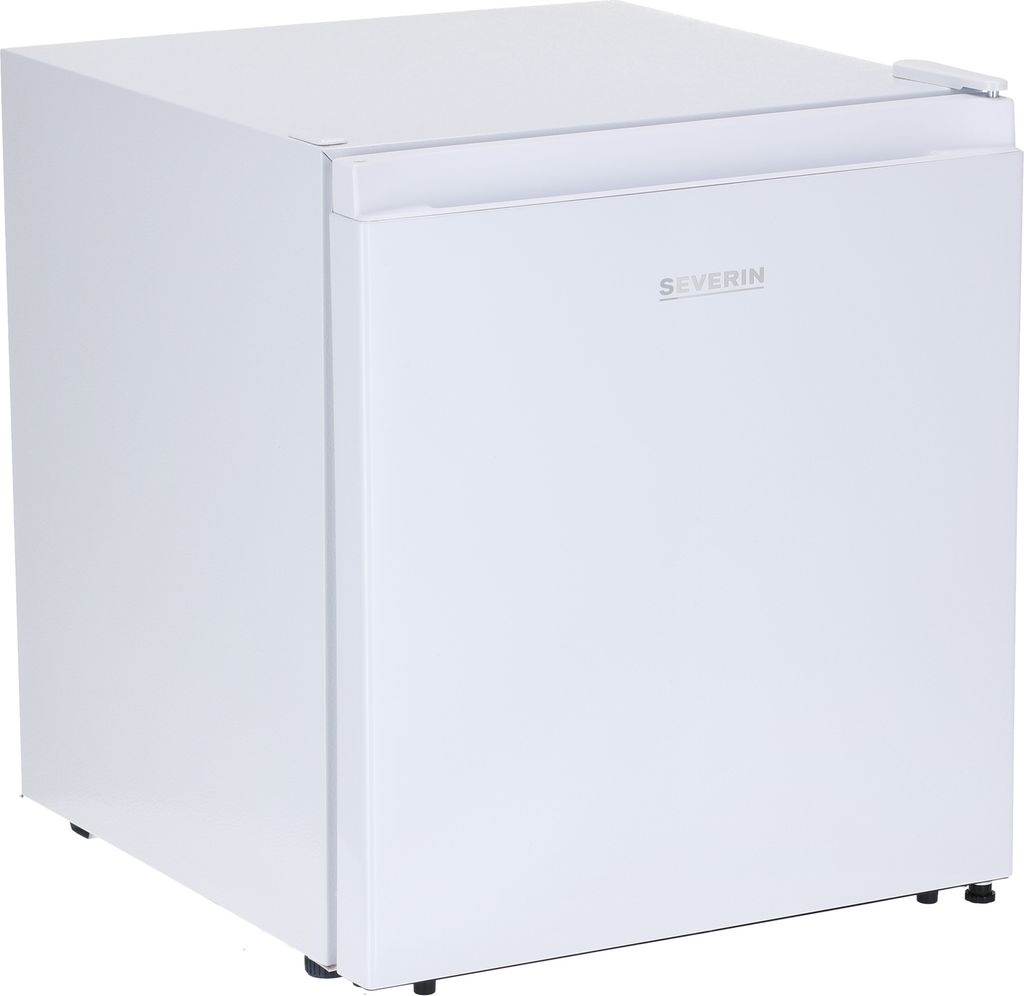 A white mini refrigerator is shown from a slightly elevated side angle.