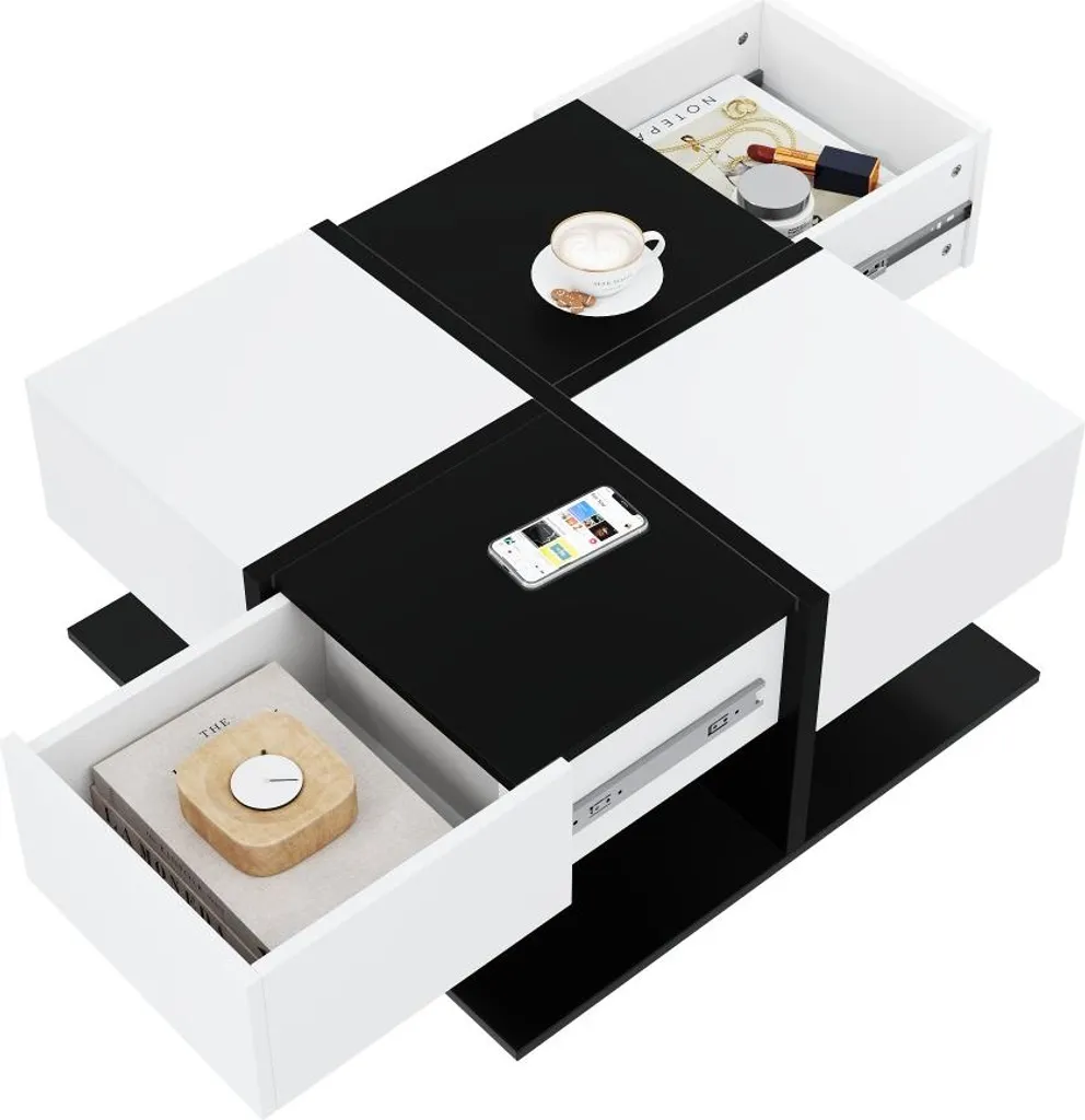 Table basse anti-désordre avec 2 tiroirs fermés - Design noir et blanc