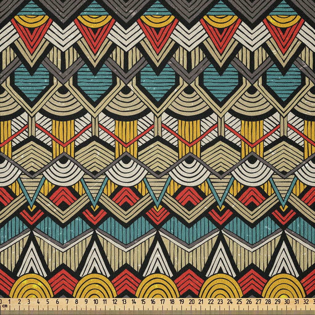 ABAKUHAUS afrikanisch Microfaser Stoff als Meterware , Stammes-Chevron Zickzack und Halbkreise Folklorische Elemente scharfe kanonische Motive, 1 M...