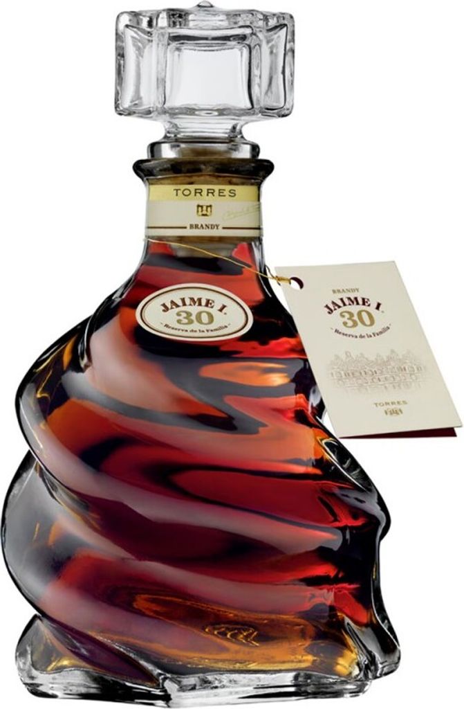 A bottle of Miquel Torres Brandy Jaime I 30 Jahre on a white background.