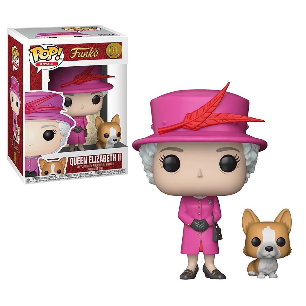 A Funko Pop! vinyl figure of Queen Elizabeth II with a corgi, shown next to its packaging.
