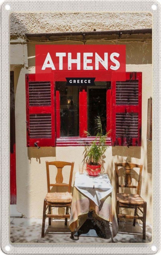 vianmo Blechschild 30x20 cm Athens Greece Cafe Fensterläden Bildmotiv Reisemotiv Abenteuer Reisen Urlaub