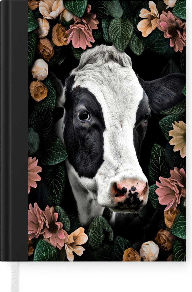 MuchoWow Notizbuch Tagebuch Haushaltsbuch Notebook A5 Kuh - Blumen - Blätter - Notizblock - Notizheft - Notebook - Schreibblock - Papier