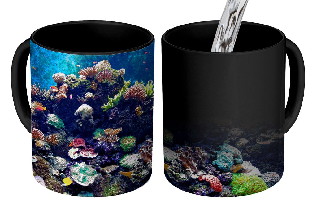 KitchenYeah Zauber Tasse Zaubertasse Magic Aquarium mit tropischen Fischen und Korallen 350 ml Farbwechsel Becher Geschenk Geschenkidee - Magic-T...