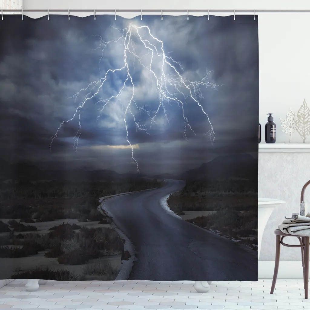 ABAKUHAUS Tenda da doccia naturale, temporale sulla strada, stampa digitale su tessuto, incl. 12 ganci, resistente al lavaggio, resistente ai batteri, 175 x 180 cm, blu scuro grigio