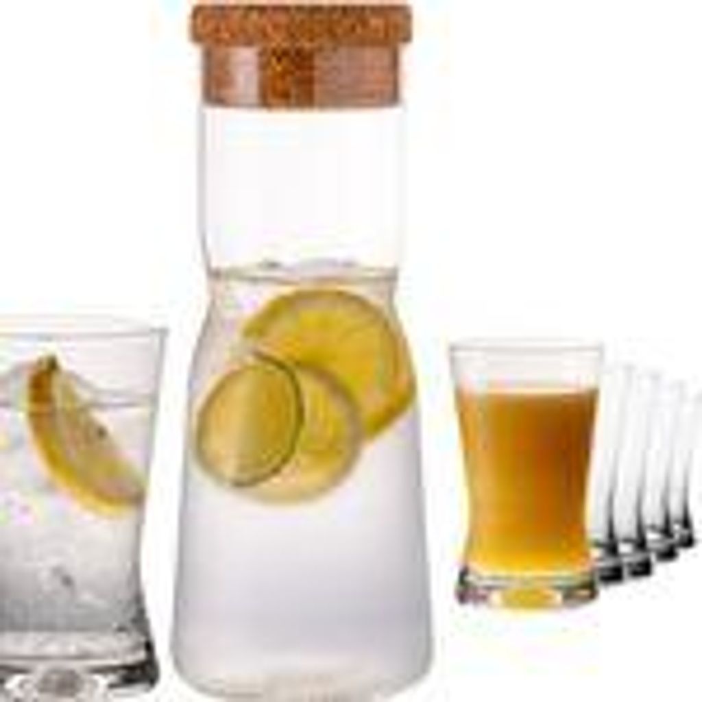 PLATINUX Karaffe mit Korkenverschluss und 6 Trinkgläsern – Glaskaraffe 1000ml und Wassergläser 200ml aus Glas – X-Form "CrossLine" Spülmasch...