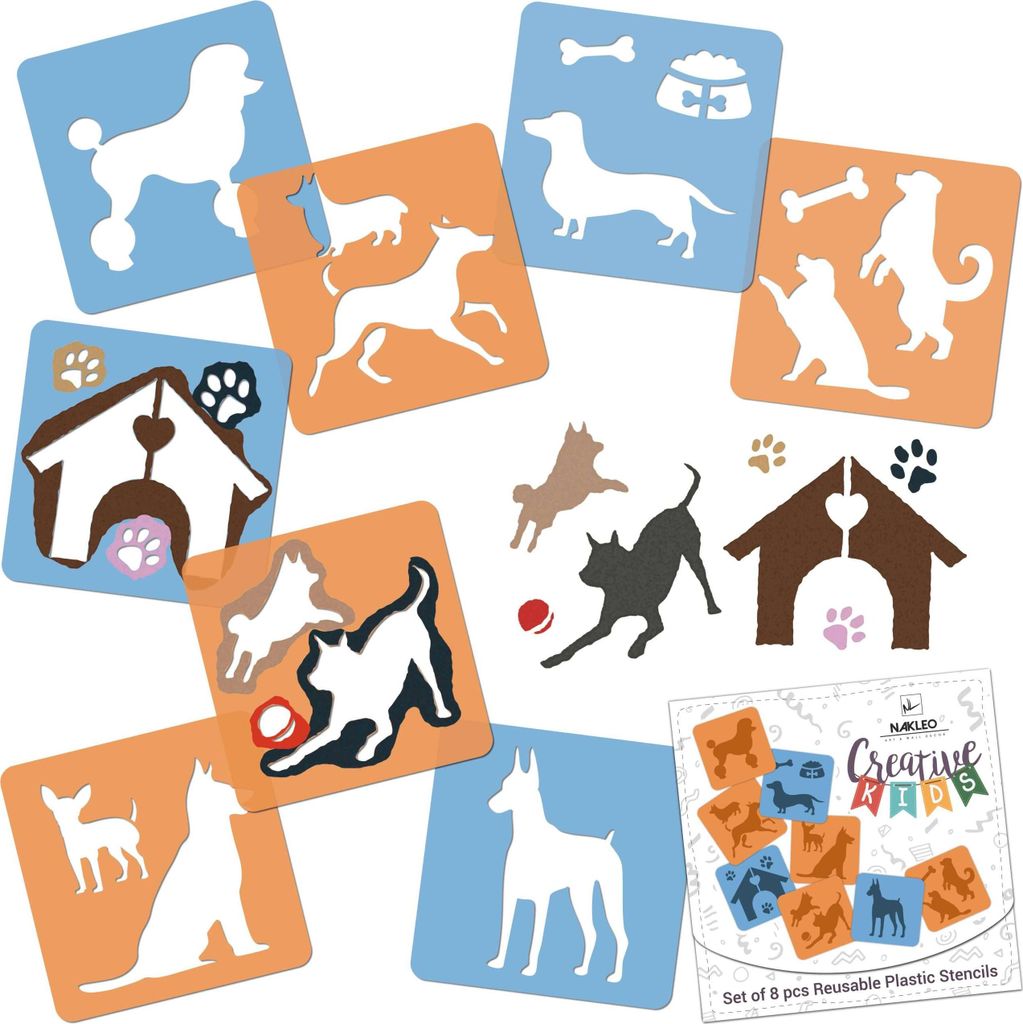 Schablonen Malen für Kinder, 8 Stück Set 15x15 cm Hunde, Kinder Kreatives Zeichenschablonen, Kunststoff Wiederverwendbar Malschablone