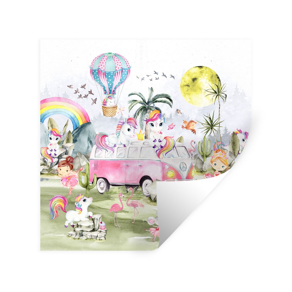 MuchoWow Wandtattoo Wandsticker Wandaufkleber Einhorn - Regenbogen - Kinder - Mädchen - Auto 50x50 cm Selbstklebend und Repositionierbar - Selbs...