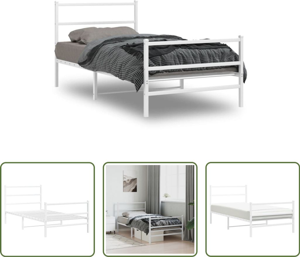 The Living Store Bettgestell mit Kopf- und Fußteil Metall Weiß 107x203 cm