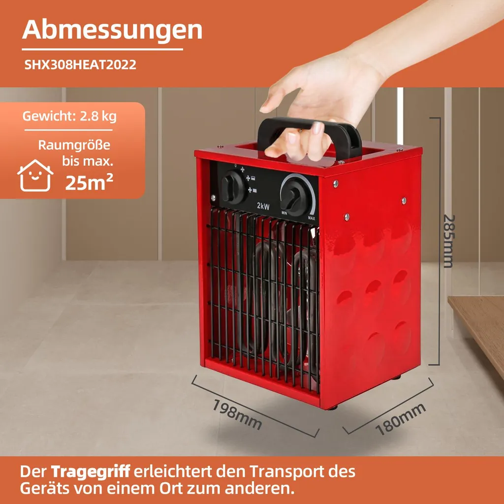 SHE Radiateur soufflant industriel 2000W - Lot de 3 pièces rouge intense - 2