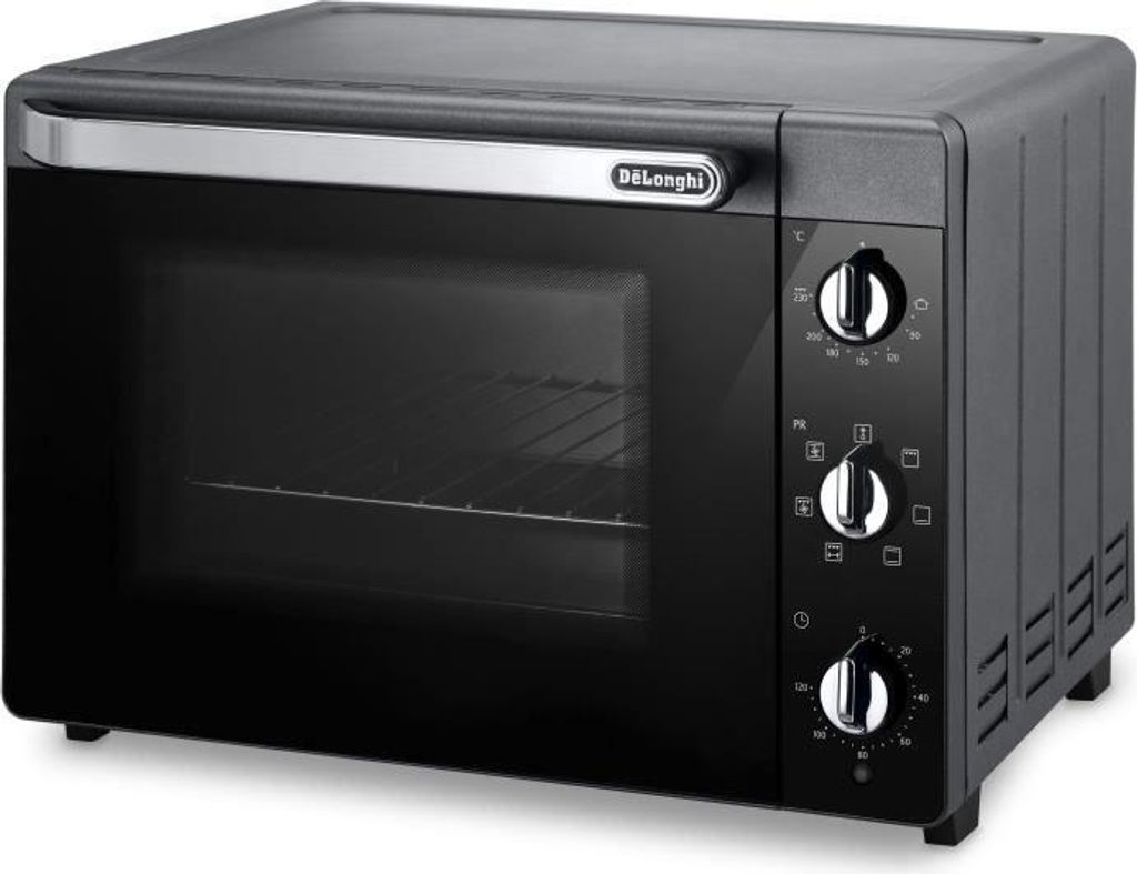 A black De Longhi toaster oven with a silver handle and control knobs is shown against a light gray background.