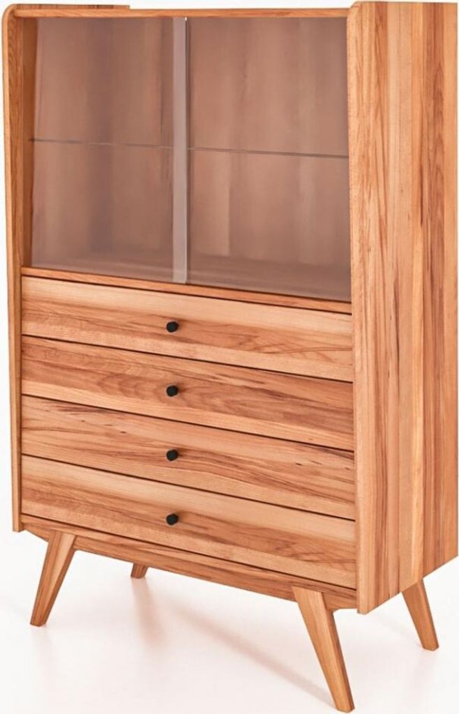 Vitrine Jetro Kernbuche massiv 100x154x50 cm 4 Schubladen offenes Fach mit Glas
