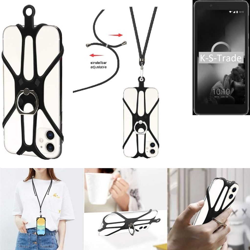 K-S-Trade 3in1 Handykette Handyband Handykordel Halsband Smartphone-Ring Handy-Ring kompatibel mit Alcatel 1C (2019) Fingerhalterung Handyring
