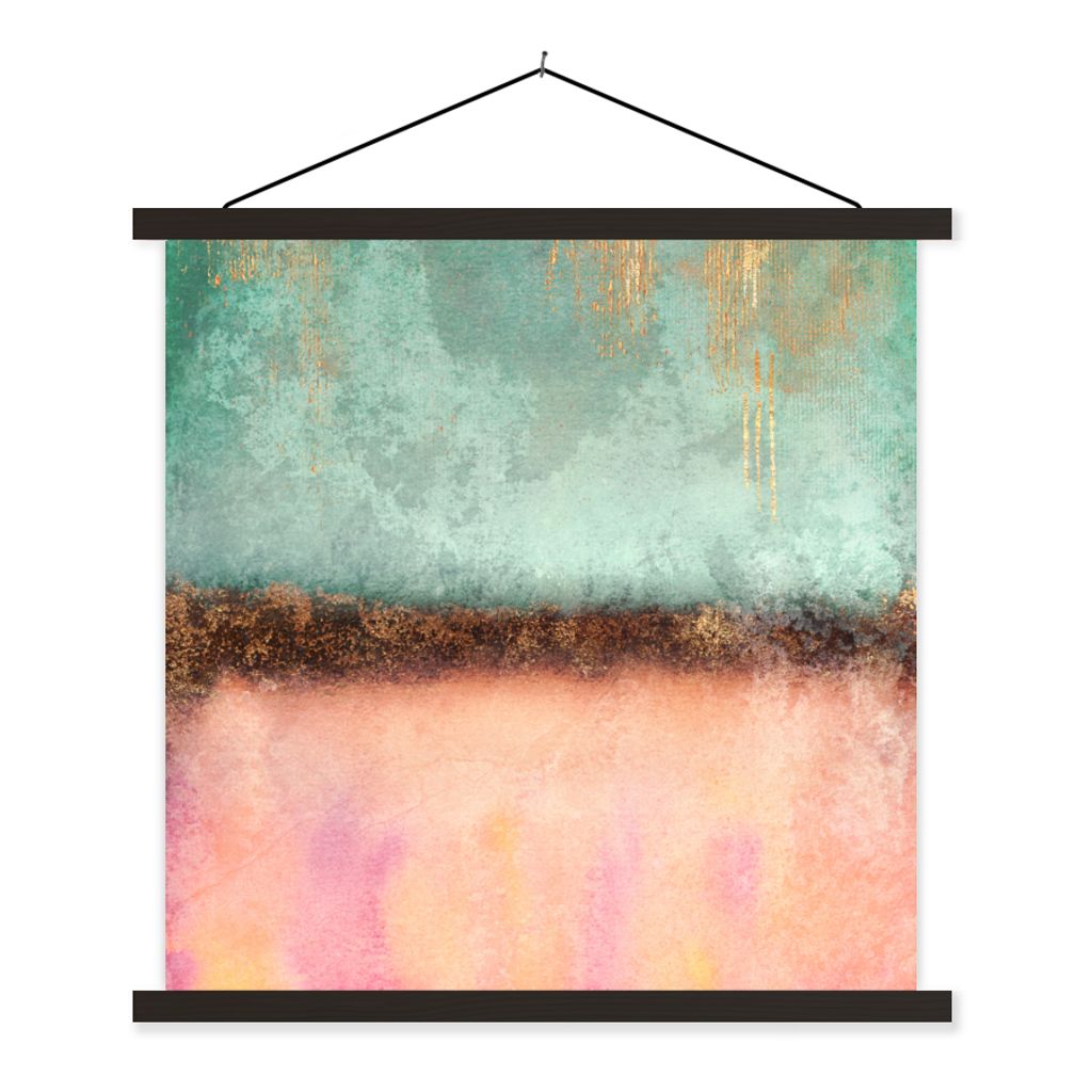 MuchoWow Textilposter Gold - Farbe - Abstrakt - Grün - Rosa 120x120 cm mit schwarzem Rahmen - Aufhängungsset