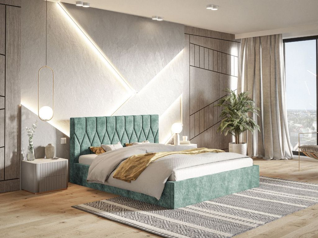 GrainGold Polsterbett Gaja 140x200 cm - Bett 140x200, Polsterbett mit Bettkasten & Lattenrost - Hellgrün (Goya 09)