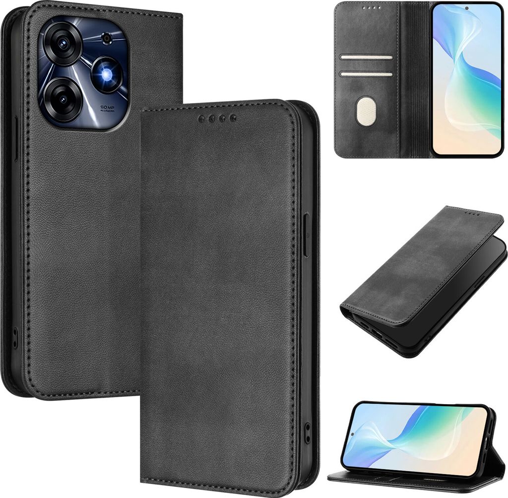 Handyhülle für Tecno Spark 10 Pro 4G, Vintage Leder RFID Schutz Kartenfach Standfunktion Magnetische Klapphülle Schwarz