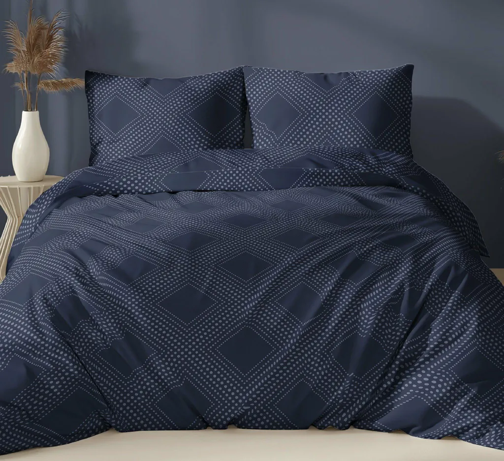Linge de lit satin bleu foncé 140x200 géométrique zippé série 5073 A