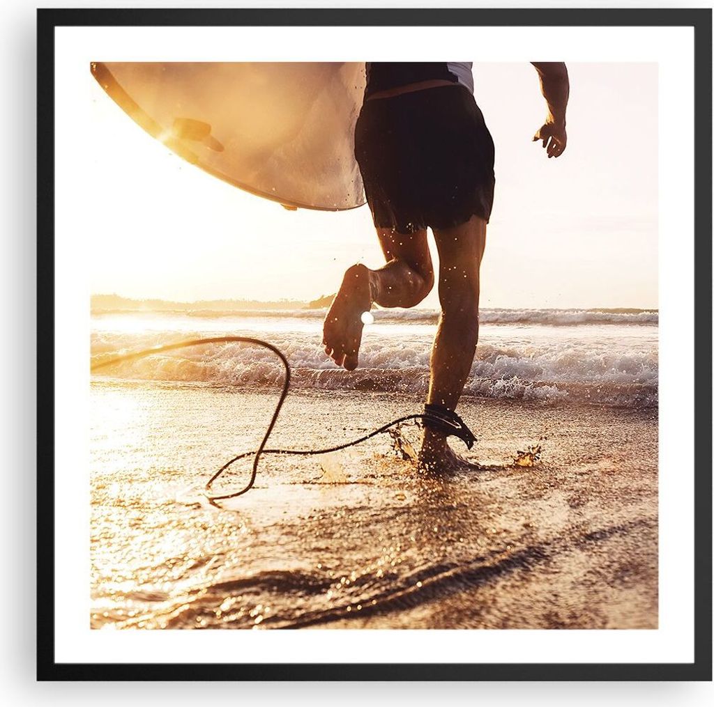 Gerahmtes Poster - Schwarzer Rahmen - Surfen Strand Freude - 60x60 cm - Wand Bild - Wanddeko - Wandbilder - Kunstposter - Wandposter - Bilderrahmen...