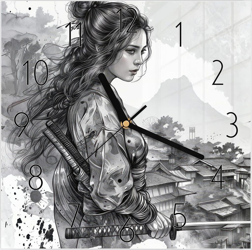 Wanduhr aus Glas mit Motiv Samurai Kriegerin Stadt- 30 x 30 cm - inkl. Aufhängesystem