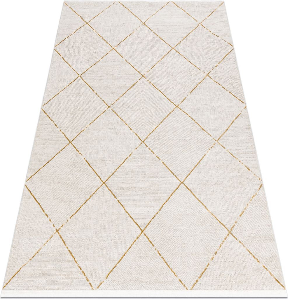 Moderner Teppich DUKE 51245 creme / gold - Gitter, strukturiert, sehr weich, Fransen beige 120x170 cm