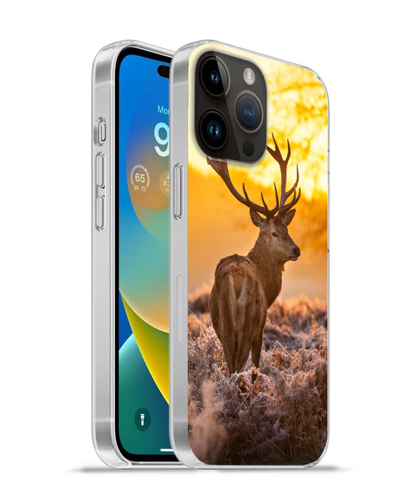 MuchoWow Handyhülle Schutzhülle Hülle für Apple iPhone 14 Pro Max Hirsche - Tiere - Sonnenuntergang - Winter - Heidekraut - Natur Silikon Sof...