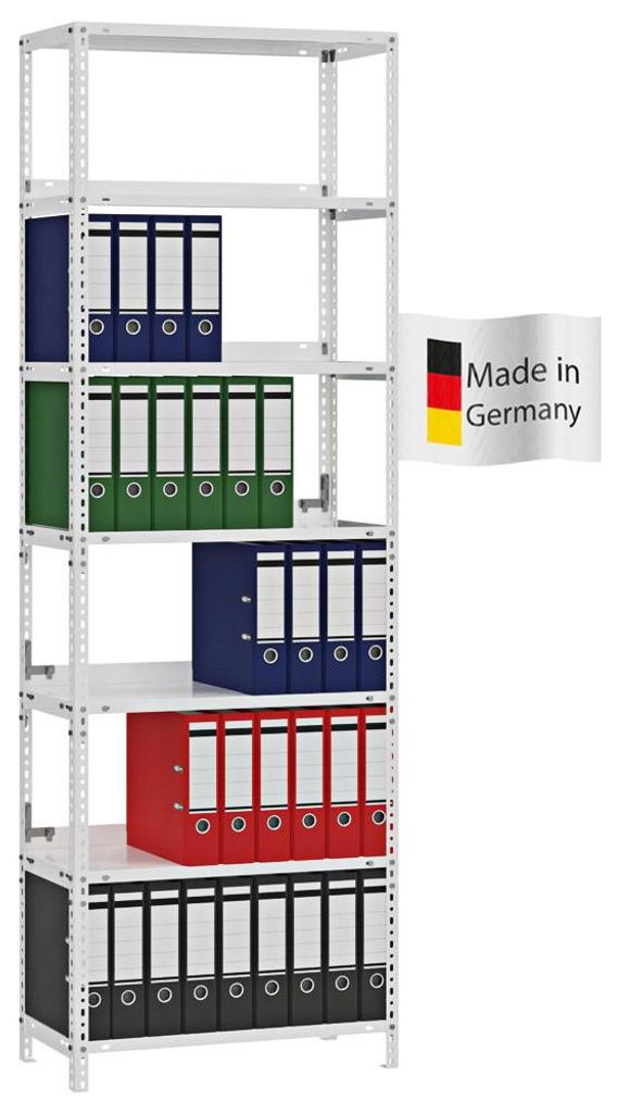 PROREGAL Aktenregal Schraubsystem MAGNUS Germany | HxBxT 220x75x30cm | 7 Ebenen | Fachlast 60kg | Einseitig nutzbar | Lichtgrau