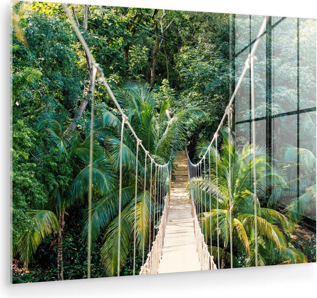 MuchoWow Glasbilder - Bilder auf Wandbild - Foto auf Glas Dschungel - Palme - Brücke - Natur - Pflanzen 80x60 cm Wanddekoration aus Glas - Acrylgl...