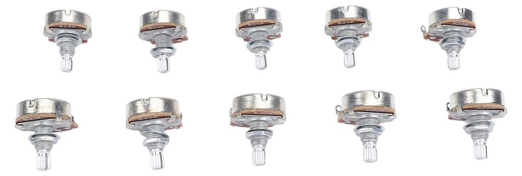 10 Stück Gitarrenpotentiometer, 18 mm Achse, 25 kŠž, Bass, metrisch, M8, E-Bass-Potis für Lautstärke- und Klangregelung, B25K