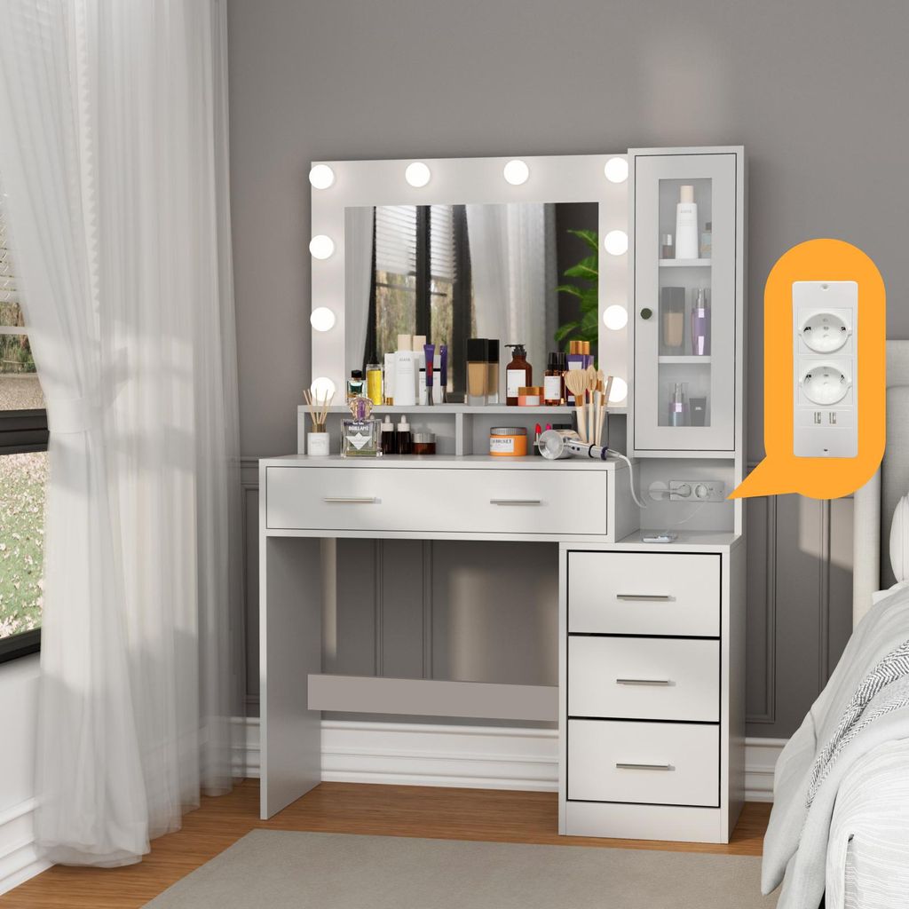 Schminktisch Nachttisch mit Steckdosen, 101x40x143 cm, Frisiertisch mit Spiegel und 5 Schubladen und 1 Schrank, einstellbare Helligkeit, Weiß