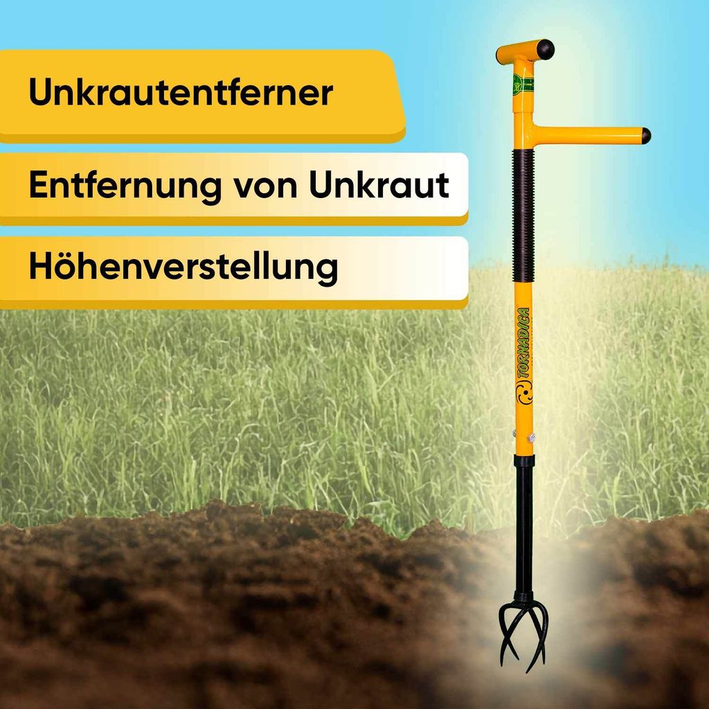 TORNADICA Gartenkralle T-Griff Unkrautentferner Vertikutierer Kultivator Wurzelentferner mit Stiel Bodenlockerer Gartenfräse Unkrautkralle