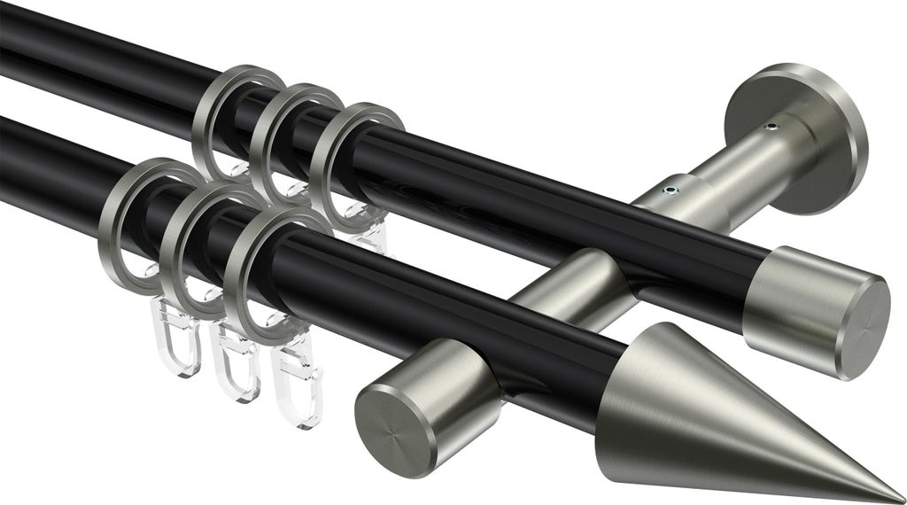 Interdeco Gardinenstange / Vorhangstange Schwarz / Edelstahl-Optik, Typ Prestige Savio (Kegel), 20 mm Ø 2-läufig, 520 cm