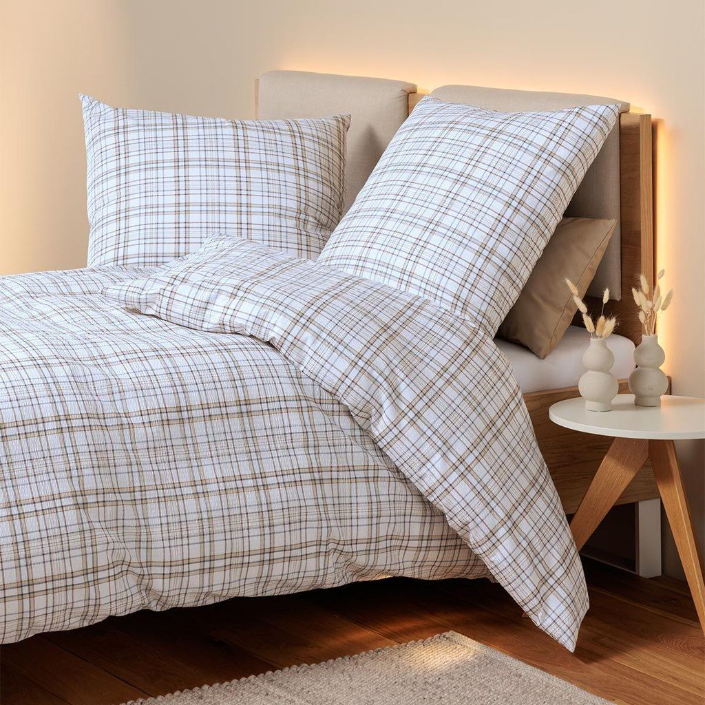 Janine Mako-Soft-Seersucker Bettwäsche Tango 20159 beige flieder 140x200 cm + 70x90 cm