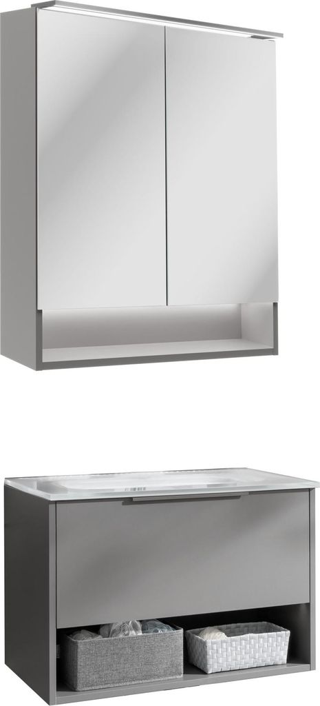 Fackelmann B.Paris 3-teiliges Badmöbel-Set Moderner Waschtischunterschrank, Glasbecken & Spiegelschrank in Cubanit Grau, 70,5 cm