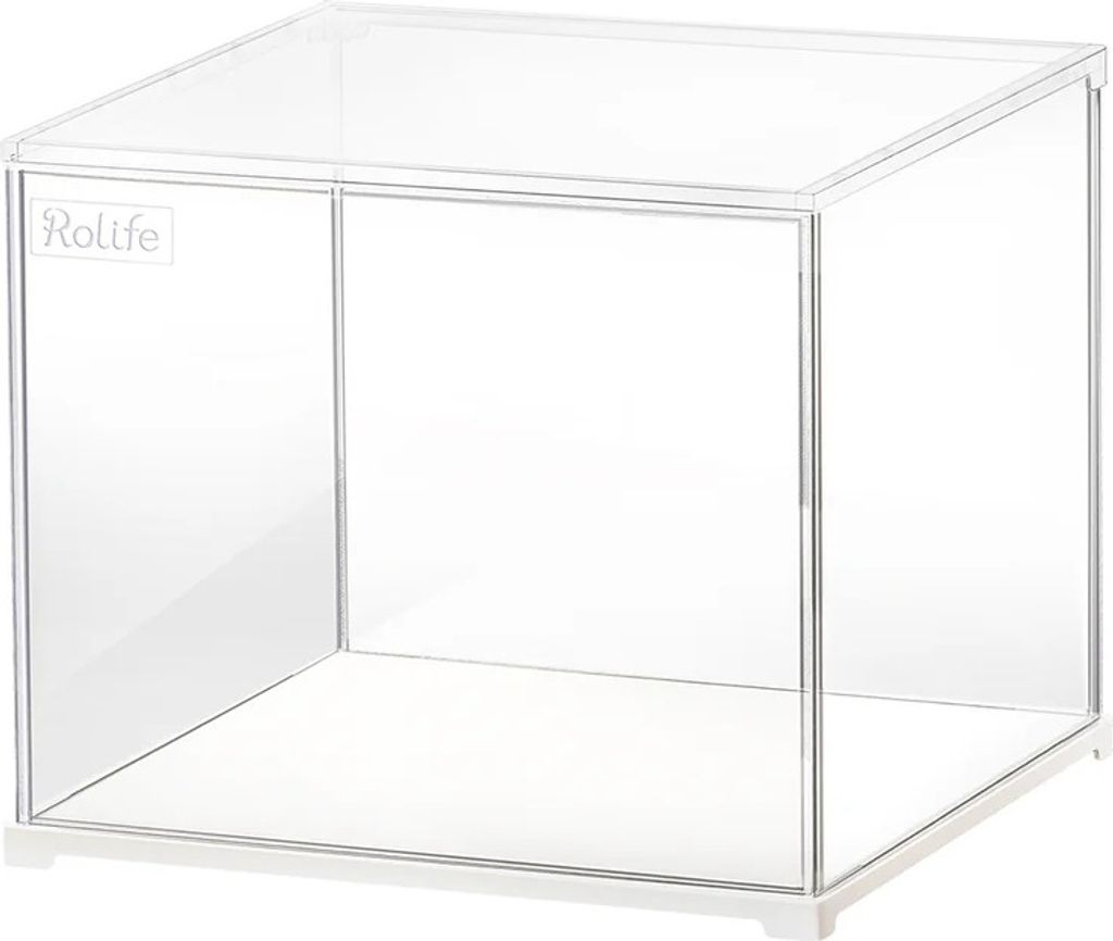 A clear acrylic display box with a white base and a small logo on the left side.