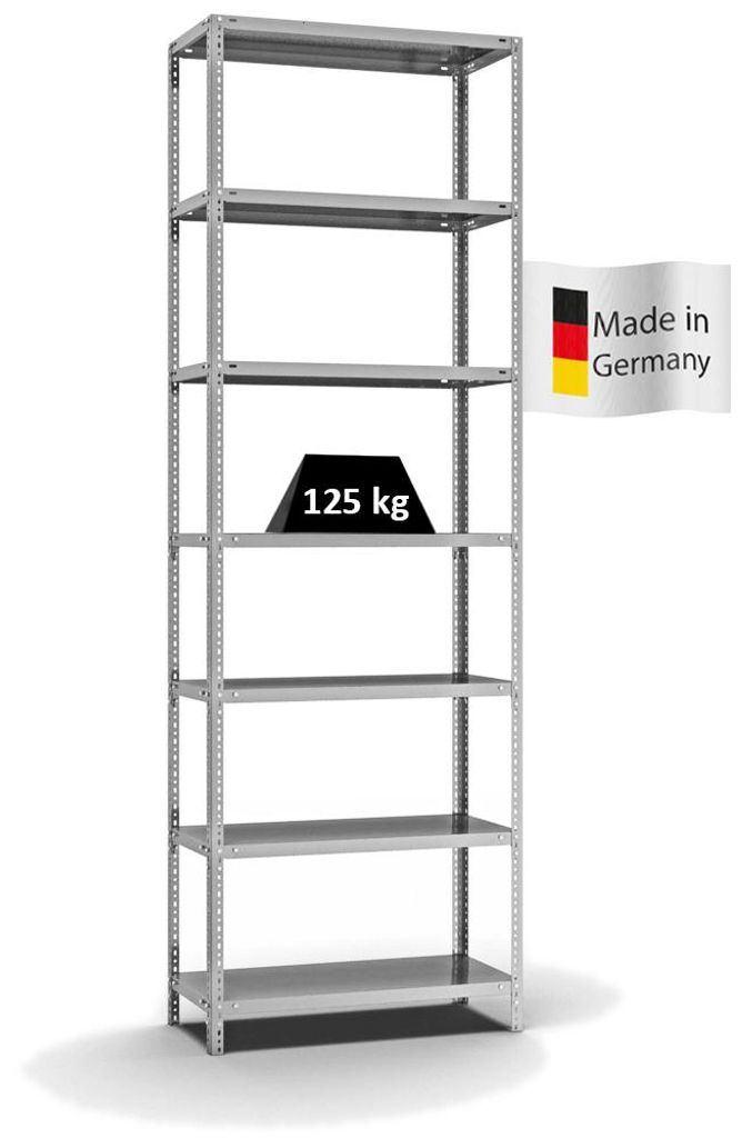 PROREGAL Fachbodenregal Schraubsystem MAGNUS Germany | HxBxT 300x100x40cm | 7 Ebenen | Fachlast 125 kg | Beidseitig nutzbar | Verzinkt