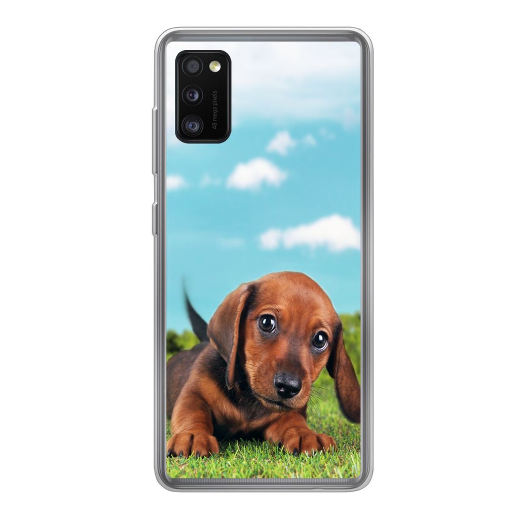 MuchoWow Handyhülle Schutzhülle Hülle für Samsung Galaxy A41 Schöner Himmel über einem niedlichen Dackelwelpen Silikon Softcase Handy Hüll...