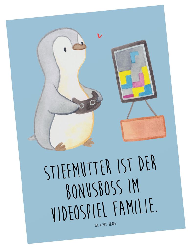 Mr. & Mrs. Panda Postkarte Stiefmutter Bonusboss - Blau Pastell - Geschenk, Ansichtskarte, Weihnachten, Herausforderung, Videospiel, Geduld, Famili...