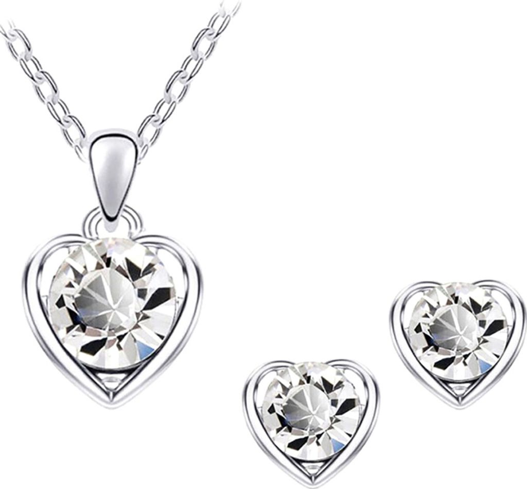 Frauen Strass Herz Anhänger Halskette Kette Ohrstecker Party Schmuck Set-Weiß