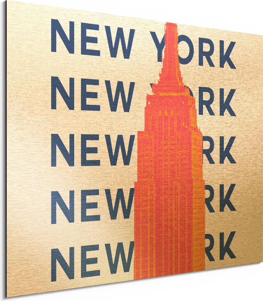 DEQORI Alu-Dibond Bild Gold 80x60 cm 'New York Calling' Wandbild Metall dünn Design