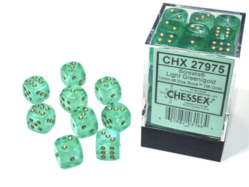 Dés Chessex Borealis d6 12mm Vert et Or avec Effet Pailleté Scintillant