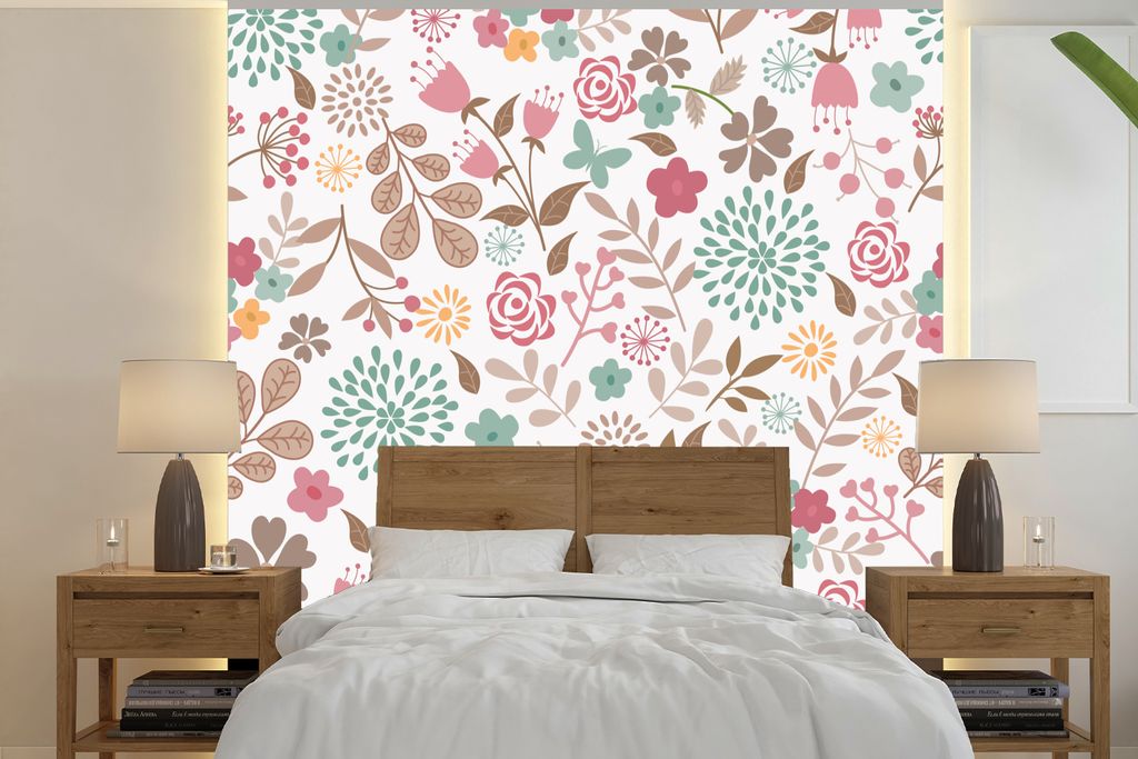 MuchoWow Fototapete für Wohnzimmer oder Schlafzimmer Wandtapete Vinyl Motivtapete Blumen - Muster - Farben - 350x350 cm - Schlafzimmertapete