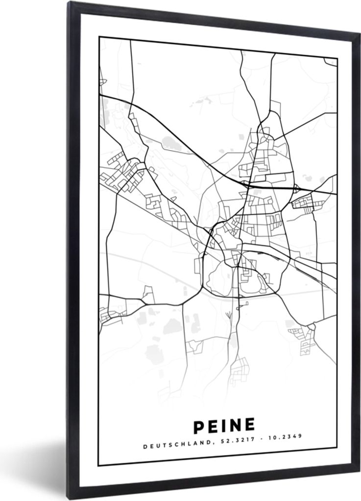 MuchoWow Gerahmtes Poster Karte - Peine - Karte - Stadtplan 60x90 cm - Poster mit Schwarzem Bilderrahmen Wandposter Rahmen Foto Bilder - Kunst