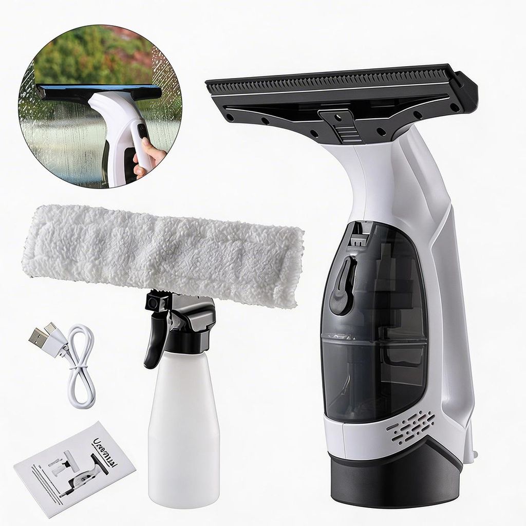 Fenstersauger Akku, Handheld Fensterreiniger Elektrisch mit Sprühflasche & Mikrofaserbuch für Fenster, Spiegel, Fliesen – Starke 2000Pa Saugkraft